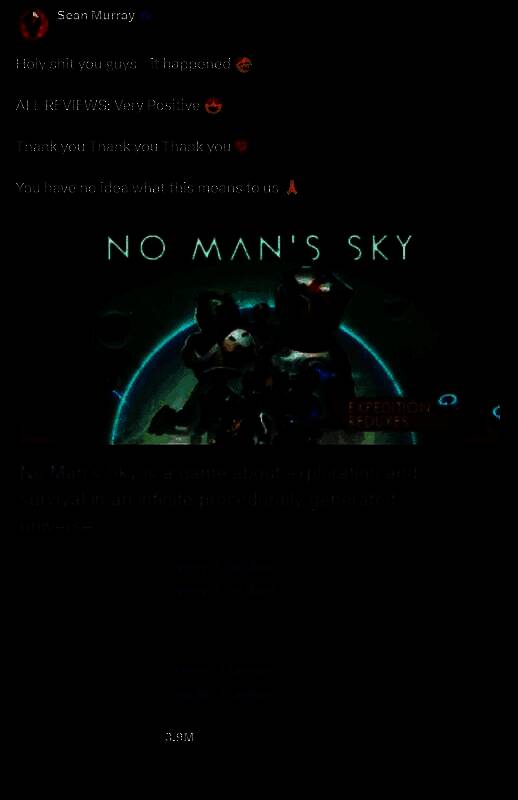 Sean Murray在推特上发布庆祝消息，配图是《无人深空》的宇宙星空背景与Steam好评截图