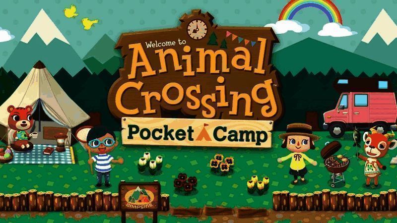 《动物森友会：口袋露营广场》游戏界面截图，展示玩家与小动物在露营地互动的温馨场景