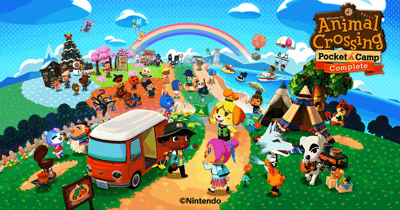 《动物森友会：口袋露营广场 集合版》宣传图，展示新版本LOGO与角色庆祝画面