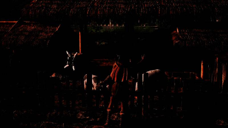 玩家在森林中驯服一只四足机械狼，蓝色能量链连接人与兽，正在进行同步训练