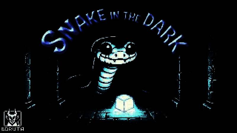 《黑暗中的贪吃蛇》游戏主界面展示，像素风格的地牢场景中一条蛇在微弱光晕下蜿蜒前行