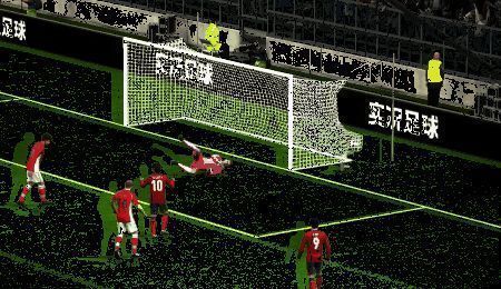 C罗在中场外突施冷箭，皮球划出优美弧线直挂球门死角