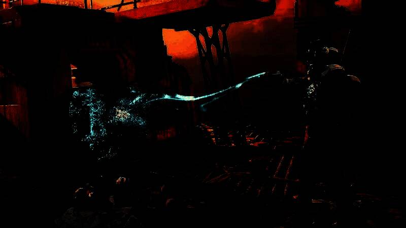 《永恒天空》广播塔内部探索场景，玩家角色站在布满锈迹的金属走廊中，墙上贴有旧时代人类照片与手写笔记