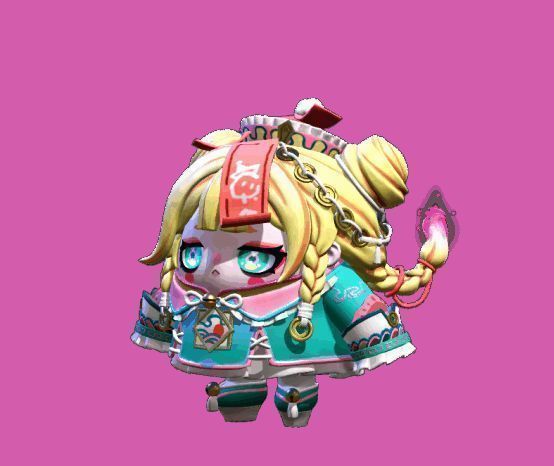 月光下的蛋仔岛场景，僵尸少女不化骨站在石桥上，仰望满月，周围飘散着微弱蓝光