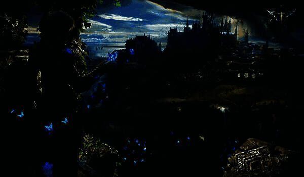 卡诺萨城全景原画，魔法建筑与港口船只构成繁华都市图景