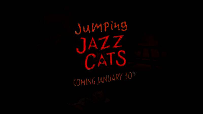 《奇喵派对》游戏宣传图，多只风格各异的卡通猫咪在豪宅场景中跳跃奔跑，画面充满动感与幽默感