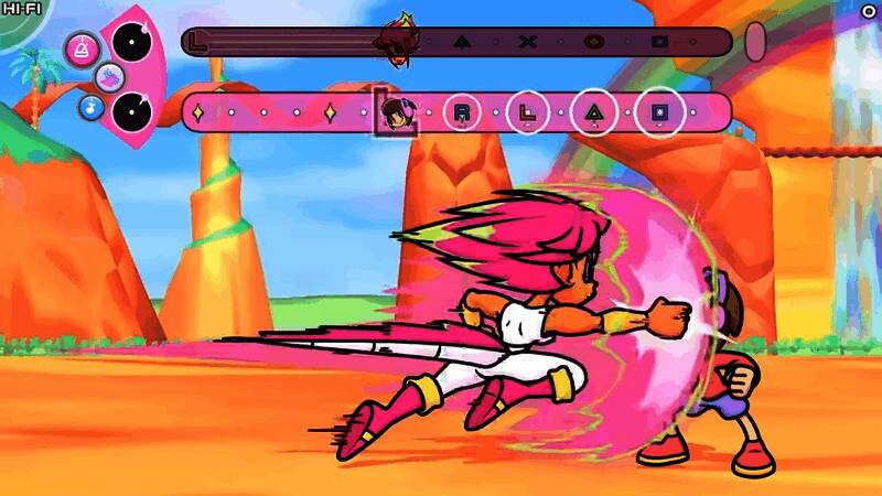 《Scratchin’ Melodii》游戏画面，主角Melodii与功夫少女Pitaya在霓虹街头展开节奏对决，背景充满涂鸦与动态光影