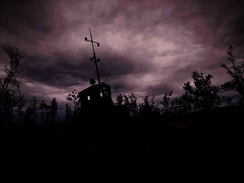 夜晚的森林场景，萤火虫般的光点漂浮在空中，远处有微弱的红光闪烁，氛围诡异