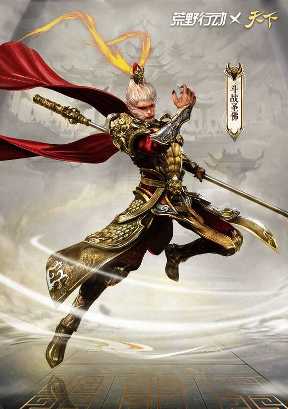 男性角色穿戴斗战胜佛时装，全身金甲闪耀，毛发细节逼真，眼神凌厉，背景为雷云翻涌的战场