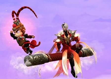 玩家骑乘金箍棒坐骑，小悟空站在棒头前方，整体漂浮于云端，光影特效绚丽