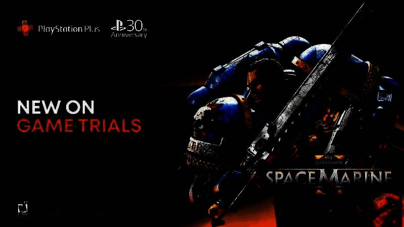 PlayStation 30周年纪念活动宣传图，背景为经典主机演变历程，中央醒目展示《战锤40K：星际战士2》游戏LOGO