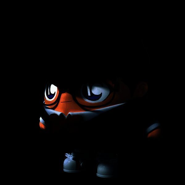 蛋仔版江户川柯南外观展示，身穿经典蓝西装红领结，手持放大镜，眼神专注