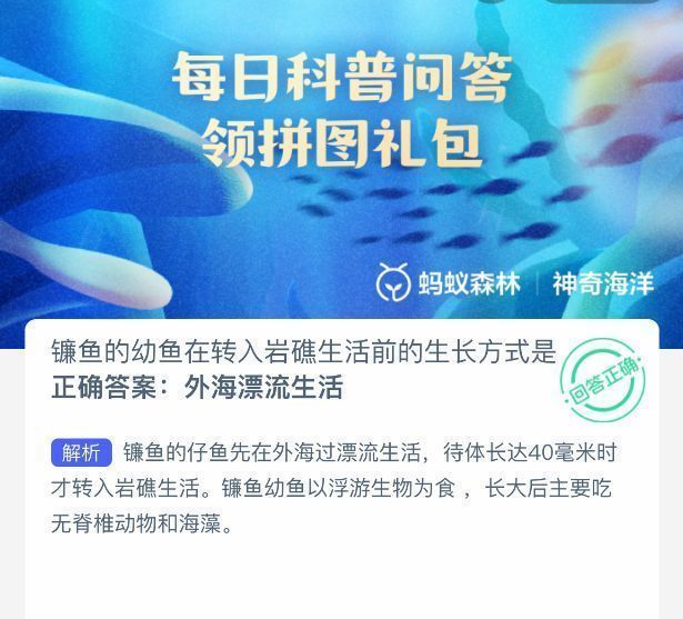 神奇海洋答题界面显示正确答案为外海漂流生活，下方附有详细解析文本