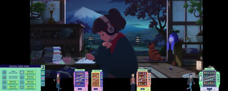 《Tiny Vending Machines》游戏主界面展示，像素风格的自动贩卖机在城市街头亮起灯光，周围有行人经过，整体画面充满复古科技感