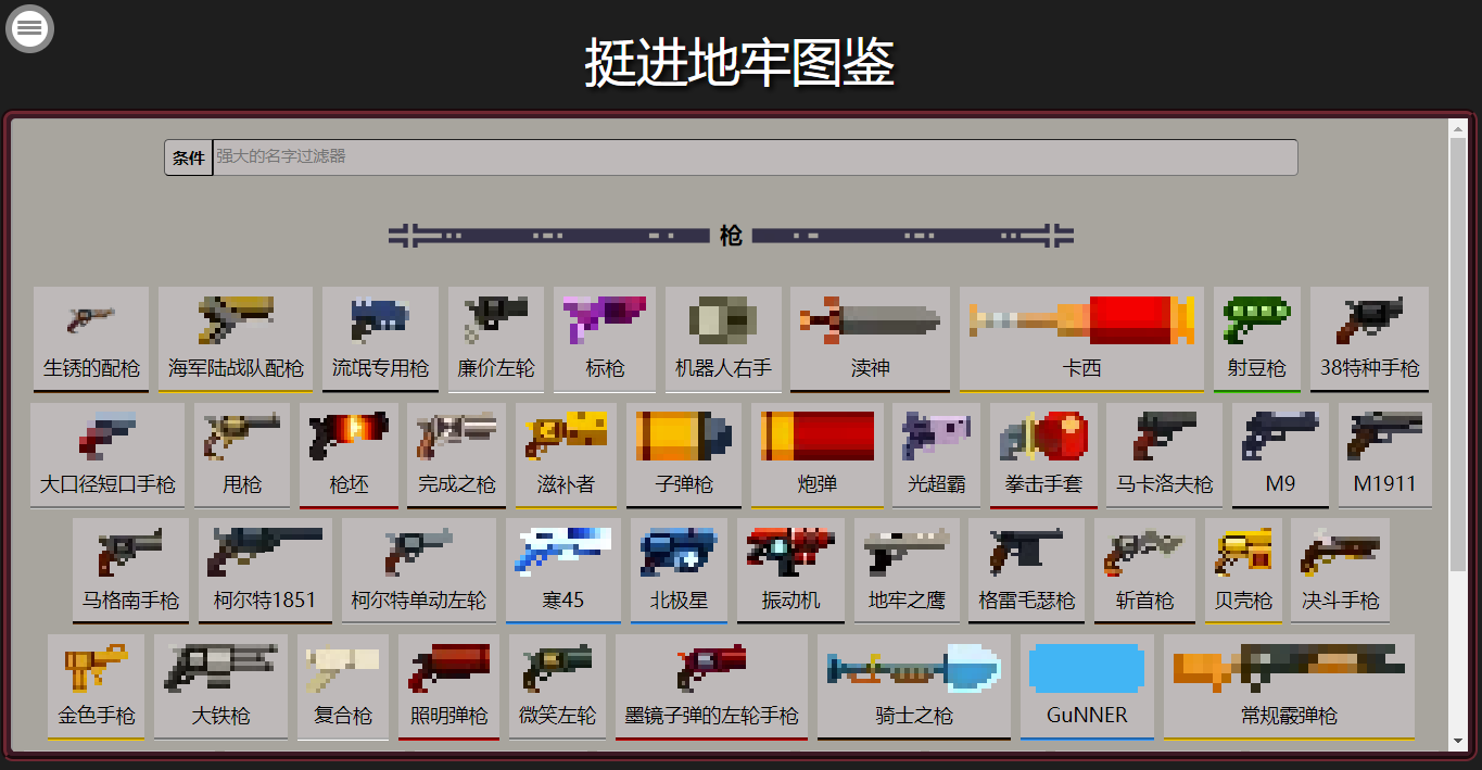 枪械百科界面截图，展示多种奇特武器图标及详细属性说明