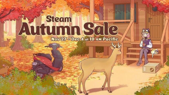 Steam秋季特卖主视觉图，页面展示多款打折游戏封面，氛围热烈
