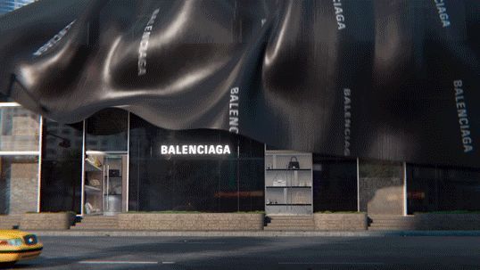 巴黎世家联名店铺外景，霓虹灯装饰极具未来感，玩家角色身穿限定机车服站在门前打卡