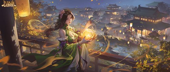 孙茹与界陆逊身穿‘比翼连枝’情侣皮肤，携手立于江畔楼阁前，背景灯火辉映，尽显七夕浪漫氛围