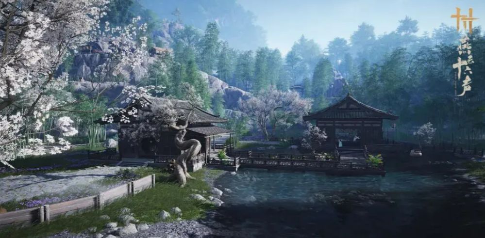 玩家在《燕云十六声》中建设家园的界面截图，包含房屋、农田与工坊布局，展现温馨而有序的江湖生活场景