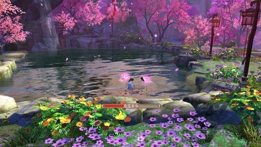 一对情侣角色在幽谷温泉中并肩而坐，周围花瓣飘落，画面温馨浪漫