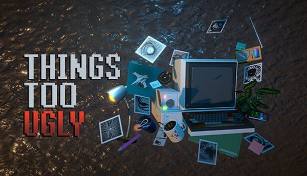 《这东西太丑了》Steam商店页面封面图，画面昏暗，办公室内一盏台灯照亮桌面，氛围压抑神秘