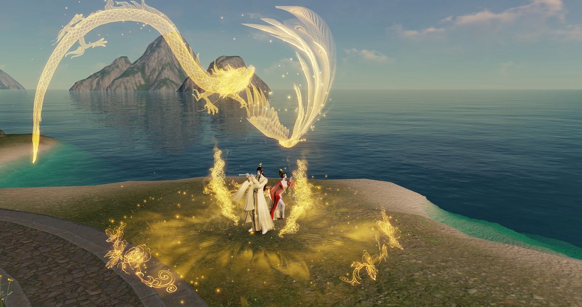 两名角色使用【来仪】双人动作，相对而立，手势呼应，充满仪式感