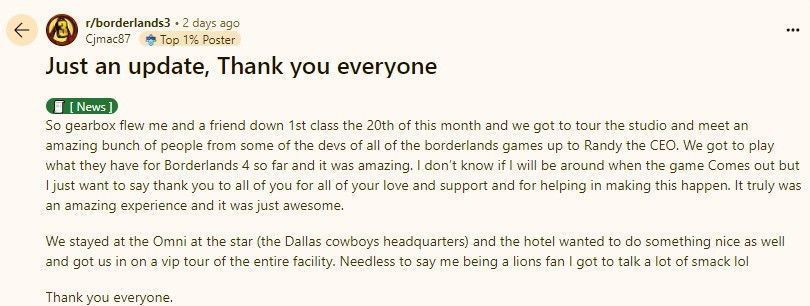 McAlpine与Gearbox CEO Randy Pitchford握手合影，两人神情亲切，身旁有《无主之地》标志性宝箱机器人