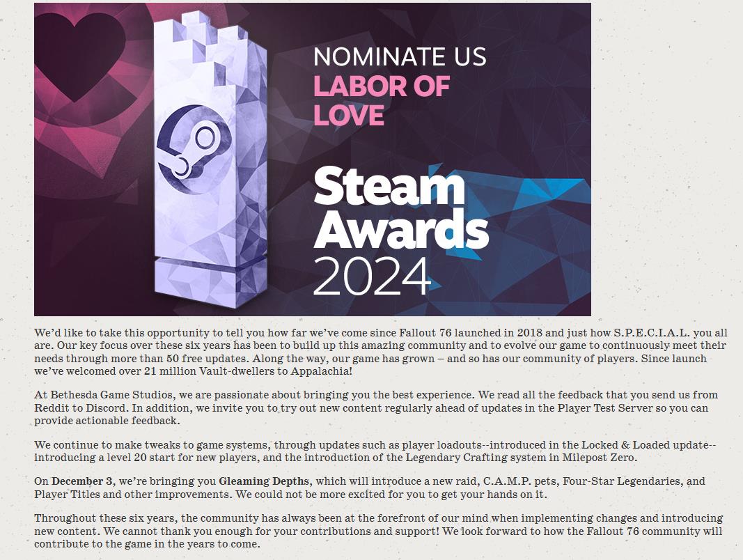 《辐射76》游戏宣传画面，废土世界中玩家角色手持武器穿越荒野，背景为标志性红色天空与废弃建筑