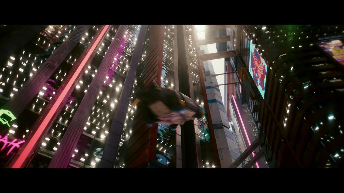 V与强尼·银手在幻象中并肩行走，周围是破碎的数据流和霓虹光影