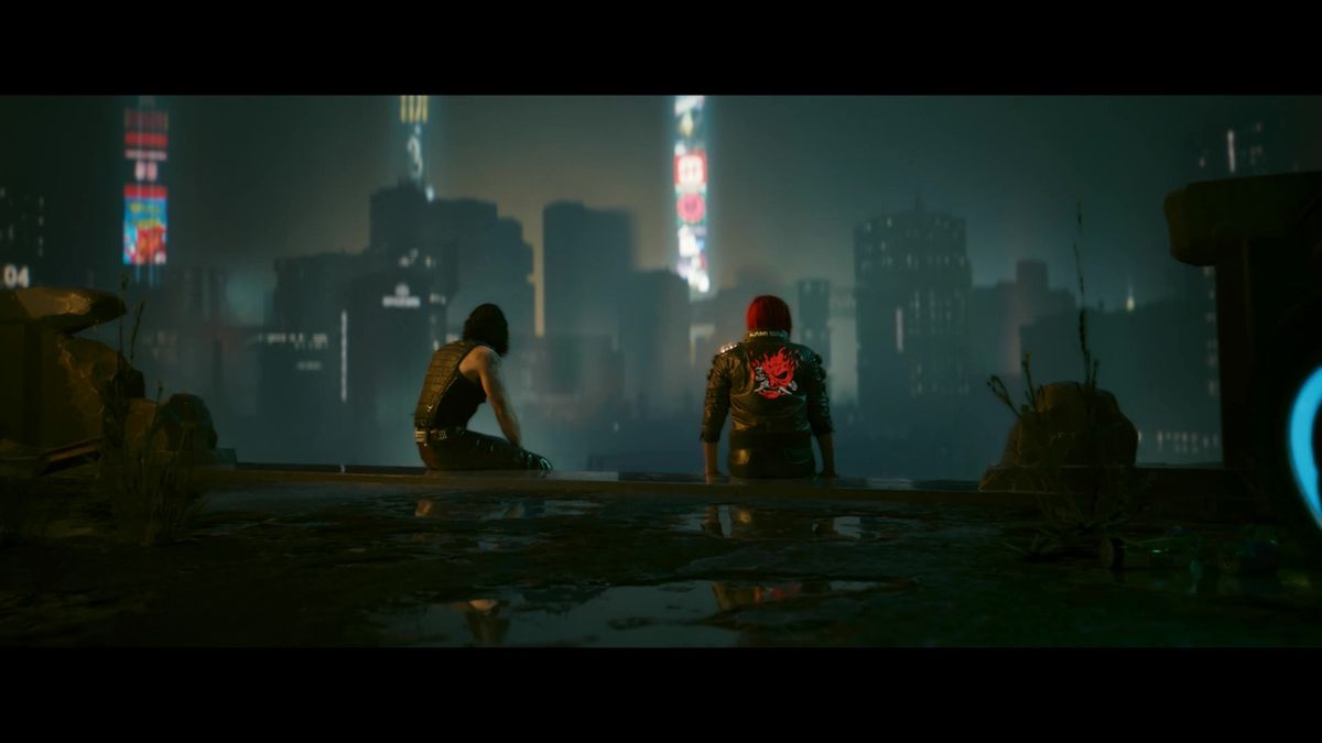 角色在夜之城高速公路上驾驶改装摩托飞驰，周围是悬浮车流