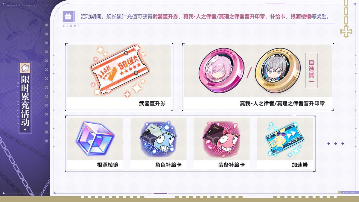 游戏内活动界面展示多个奖励礼包图标，包括水晶、圣痕箱、武器直升券等，背景为庆祝气球与彩带，营造节日氛围