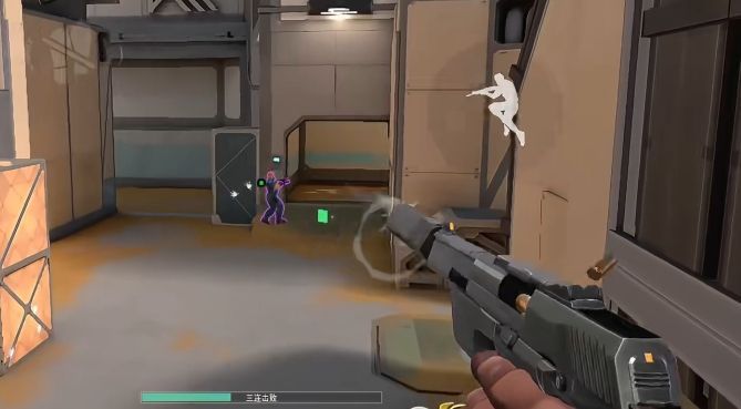 两名玩家在狭窄通道内使用鬼魅对枪，画面强调近距离交战的紧张感与消音射击的隐蔽性