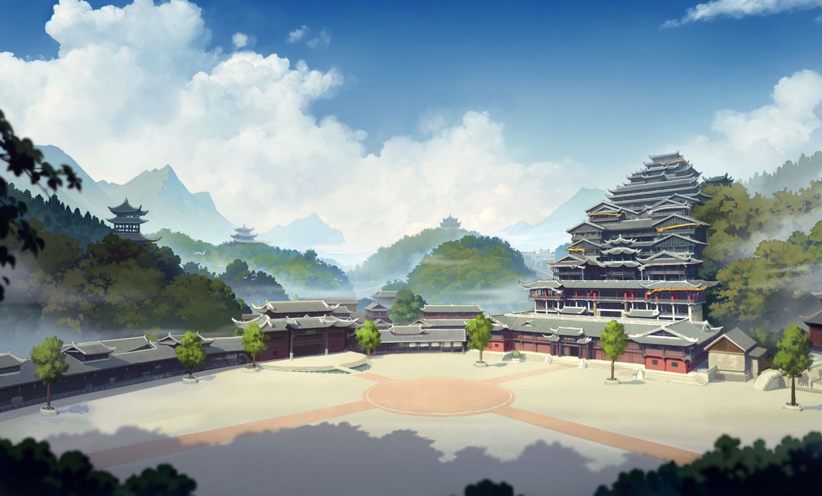 游戏内九黎风光场景截图，青山环绕，吊脚楼依山而建，溪流穿村而过