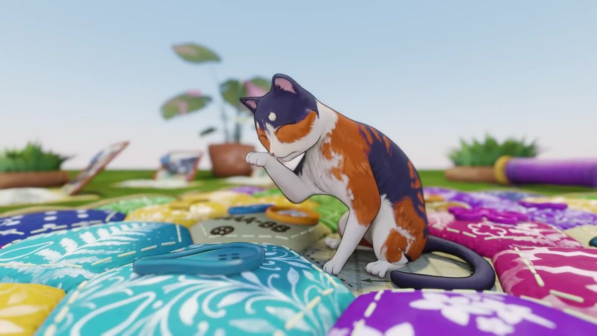 游戏中玩家正在拼接彩色碎布，一只橘猫安静地趴在花毯边缘，画面温暖治愈
