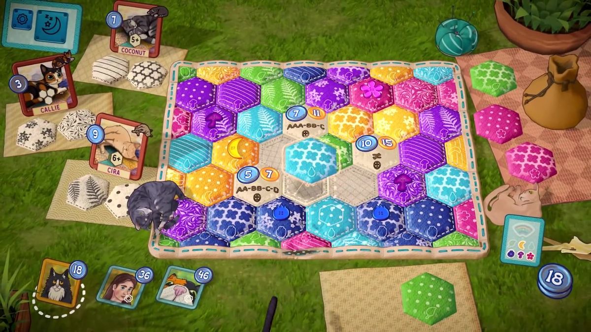 多位风格各异的猫咪聚集在花毯周围，有的在玩耍，有的在打盹，场景充满生活气息