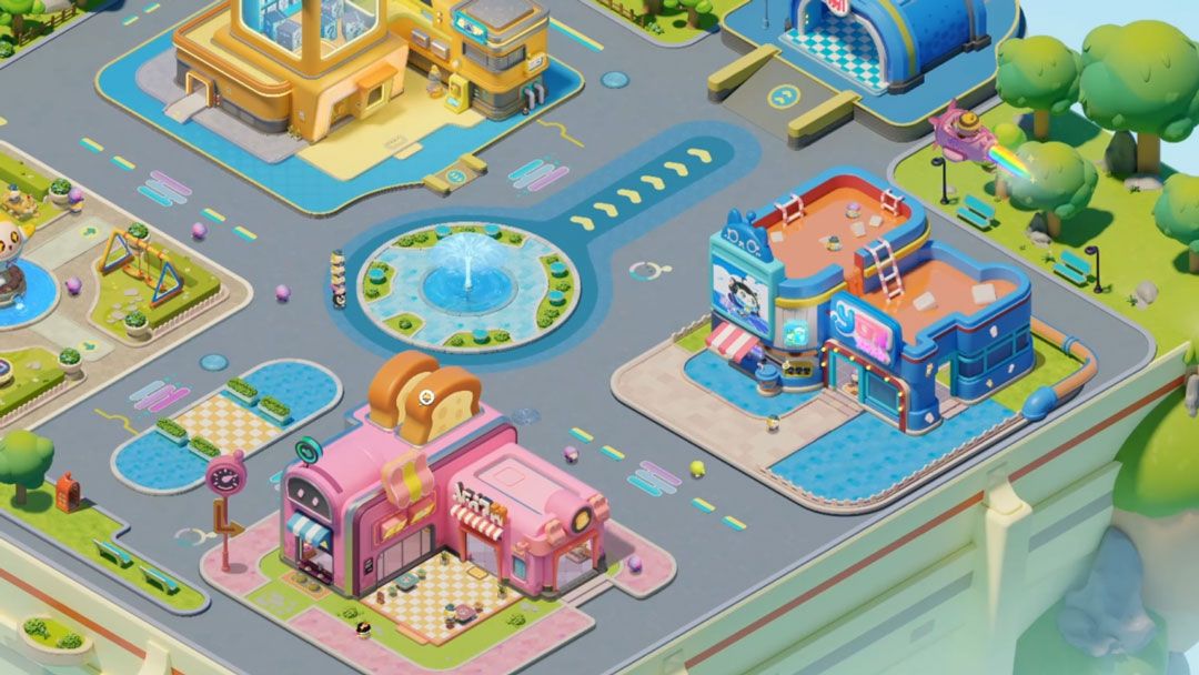 《蛋仔滑滑》PV截图，展示蛋仔在奇幻城市中奔跑玩耍，背景建筑风格夸张可爱