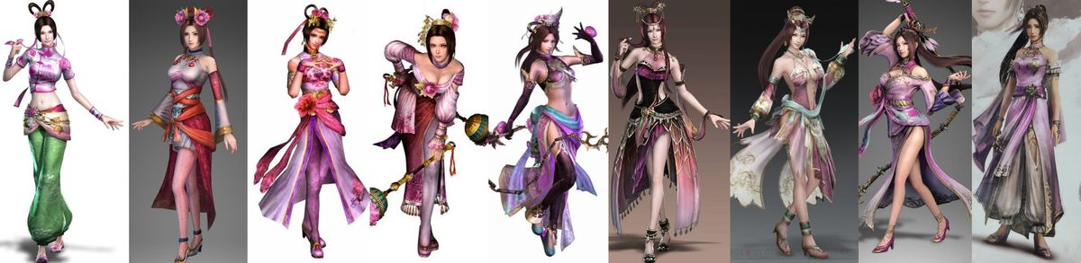 历代貂蝉形象对比图，涵盖从初代到近期作品的服装变化，展现从繁复到简约的风格过渡