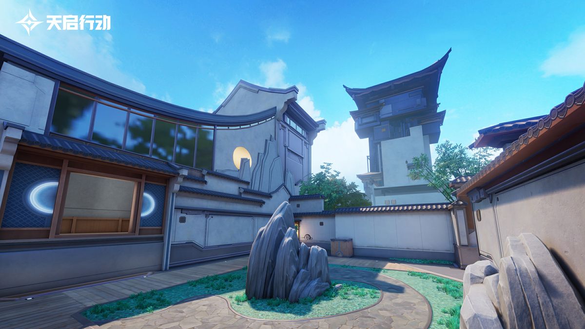 一张充满东方韵味的游戏地图场景，融合未来科技与古典建筑风格，展现文化与科技的碰撞