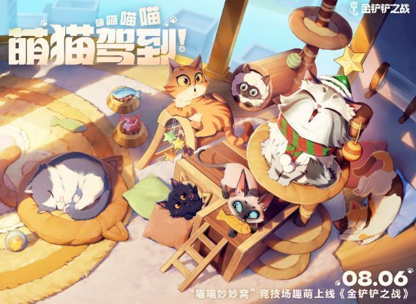 《金铲铲之战》‘喵喵妙妙窝’主视觉图，画面中是一个布满猫窝、猫爬架和猫爪垫的温馨竞技场，整体风格萌系治愈