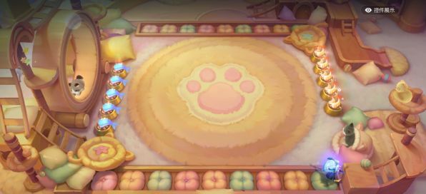 竞技场内部场景展示，包含猫爬架、猫管道和跑轮，整体布局充满童趣与生活气息