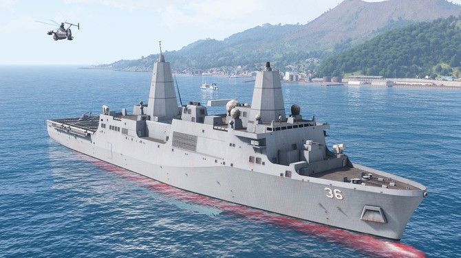 AAV-9战车驶过浅滩，水花四溅，背景是密集的炮火与烟雾，展现激烈登陆战场景