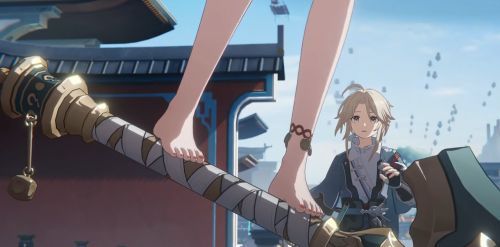 云璃角色立绘展示，身着敦煌风格服饰，赤足站立于石台之上，背景带有飞天纹样与金色光晕