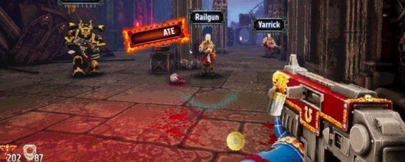 《战锤40K：爆矢枪 复仇之言》游戏实机画面，展示角色持爆矢枪在废墟环境中与敌人激烈交火的场景，光影效果强烈，氛围压抑而紧张