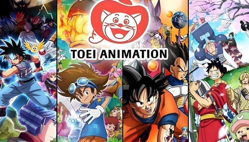 东映动画与Wemade联合发布区块链游戏合作的官方宣传图，画面融合经典动漫角色与区块链科技元素