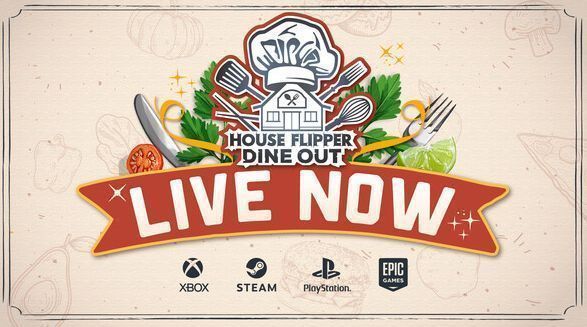 《房产达人》Dine Out DLC宣传图，展示翻新前后的西餐厅对比画面，左侧破旧昏暗，右侧明亮现代，桌椅整洁，灯光温馨