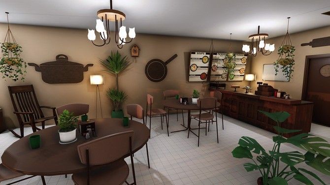 比萨饼店内部装修过程，员工在清理炉灶，玩家放置菜单牌与餐桌，整体风格色彩明快