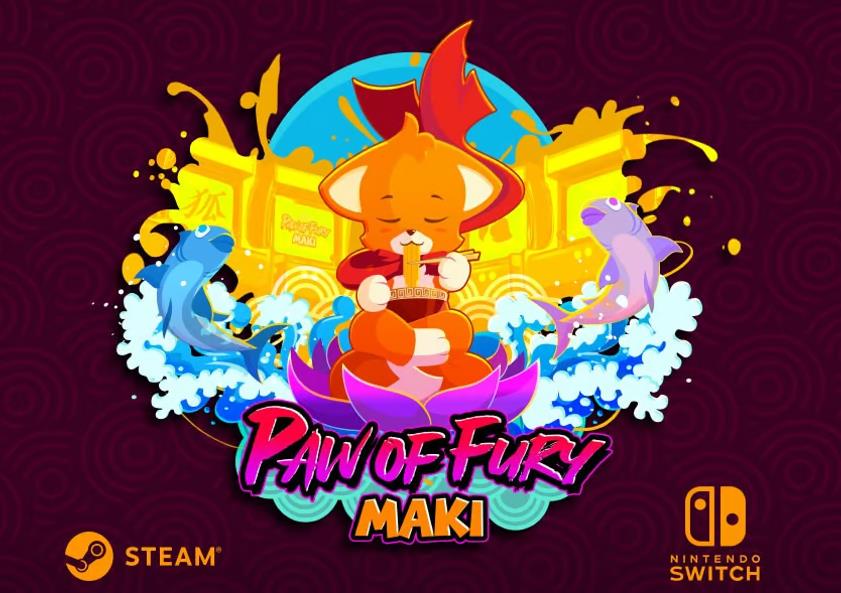 《梅基：愤怒之爪》游戏主视觉图，一只可爱的狐狸角色站立于霓虹风格背景前，手持金枪鱼准备战斗