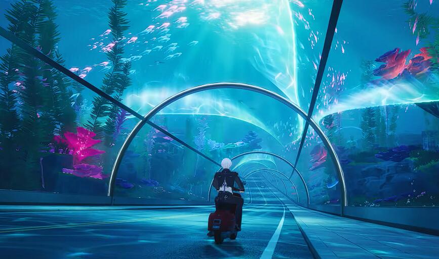 玩家驾驶电驴穿越隧道，能量核心插入终端，传送光门缓缓开启