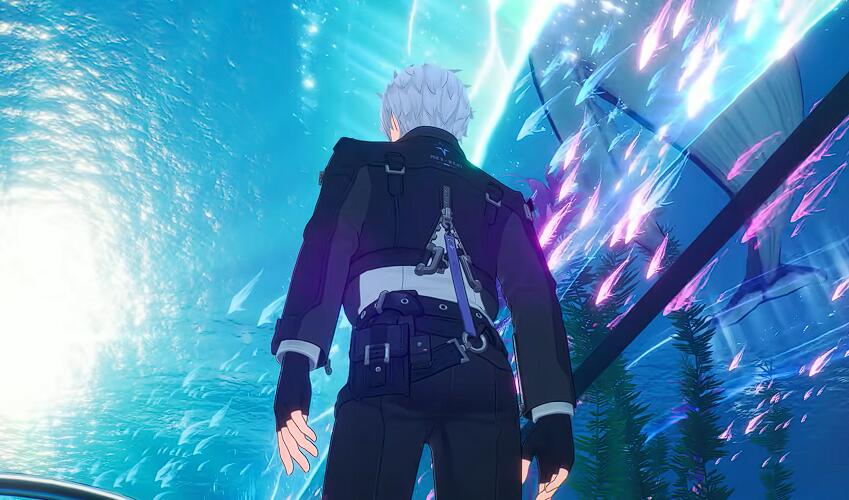 雪天模式下的海底隧道，冰晶覆盖顶部，蓝紫色光影流动，宛如极地幻境