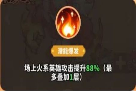 增益特效显示，火系角色头顶出现火焰光环，攻击力提升标识闪烁